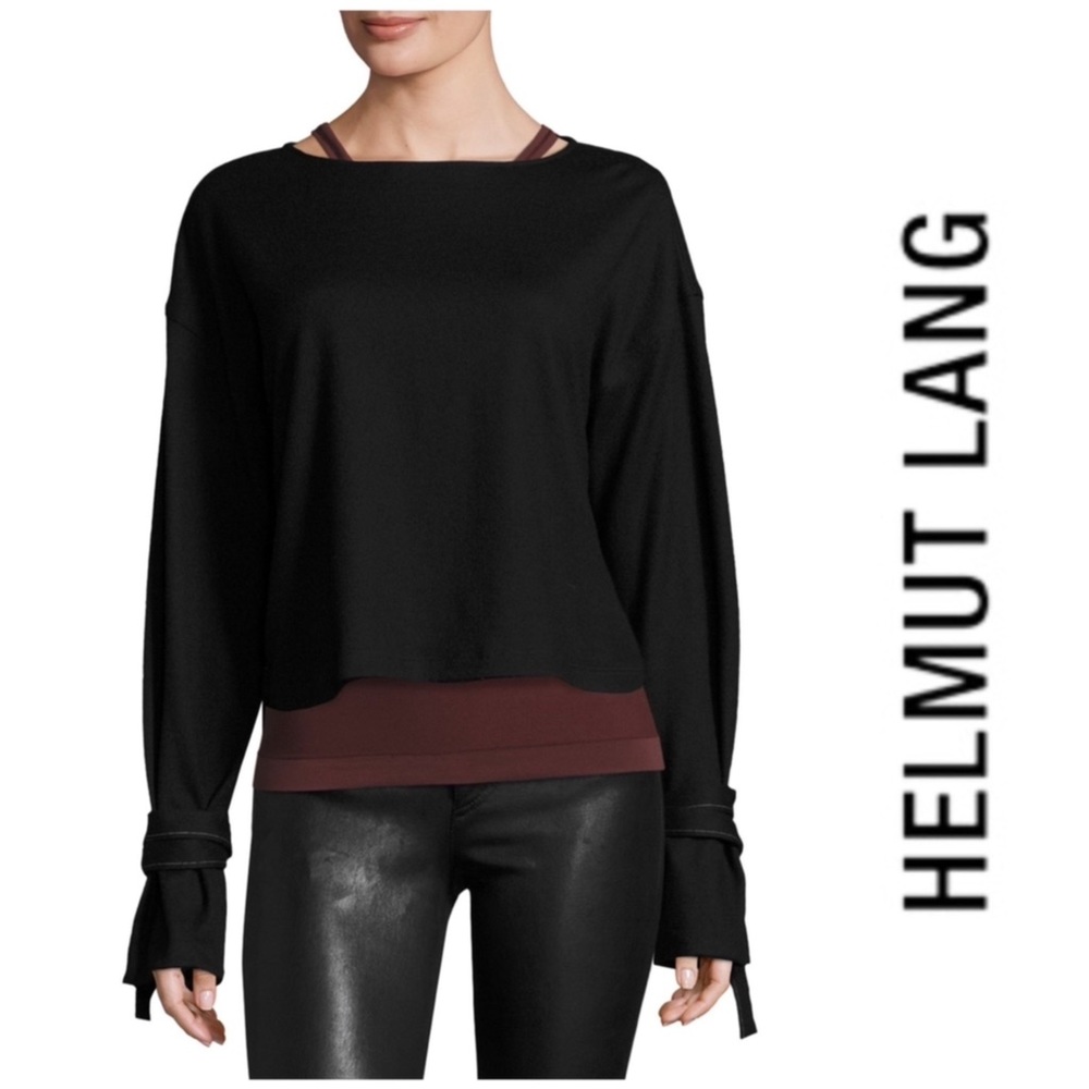 NWOT Helmut Lang Sonar Boxy Wool Tie-cuff Pullover Sweater, Black, L